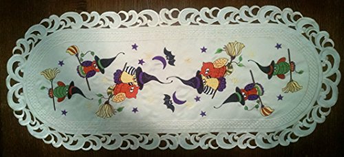 Doily Boutique Halloween Table Runner With Owls And Witch Hats Embroidered On Ivory Fabric, Size 15 X 34 Inches #TOP5