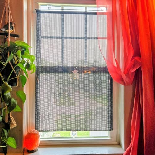 Persiana Enrollable Retráctil para Ventanas, 4 Estilos 80%-99% Bloqueo de Luz, Aislamiento Térmico Protector Solar con Ventosas Ganchos Adhesivos para Hogar Oficina Coche(Black Dots,W36 x H60cm)