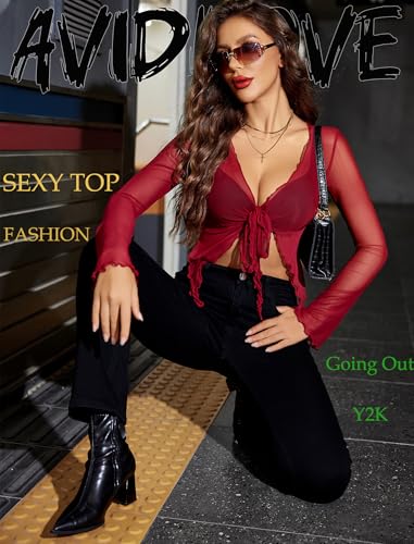 Image of Avidlove Women Mesh Crop Top Y2K Tie Front Tops Rave Top Sheer Cardigan Sexy V Neck Outfits S-2XL
