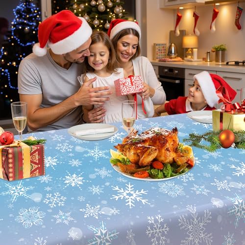 Image of Labeol 3 Pack Christmas Tablecloth, 108 x 54 inch Blue and Purple Snowflake Tablecloth, Disposable Plastic Waterproof Rectangle Table Cover for Christmas Decorations Party Supplies