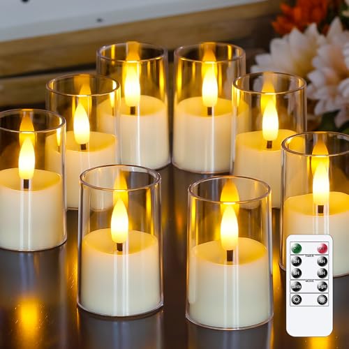 Image of Yeelida 8pcs Battery Operated 1.7 inch x2.5 inch Clear Acrylic Remote LED Tea Lights, Flameless 2 /4 /6 /8h Timer Fake Ivory Bulk Votive Candles with Batteries, Flickering Warm Light Pure Plastic Tealights