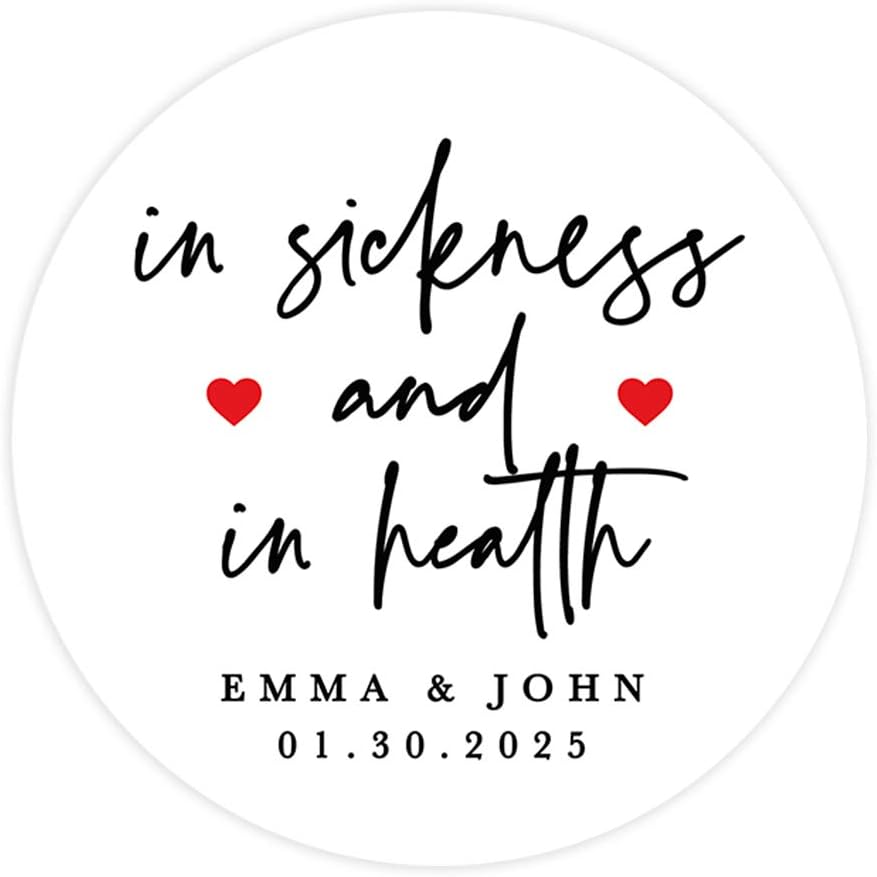 Andaz Press Wedding Personalized Round Circle Label Stickers, in Sickness and in Health, Custom Names, Red Heart Design, Social Distancing Hand Sanitizer Mask Favor Label Stickers, 120-Pack