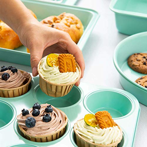 Rorence Bakeware Set Nonstick: Cookie Sheet, Rectangular Cake Pan, 2 Round Cake Pans, Muffin Pan, Loaf Pan & Cooling Rack - Set of 7 - Mint Green