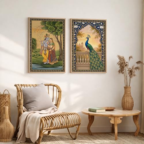 Image of Suneree Radha Krishna Miniature Painting with Peacock Wall Art | Set of 2 Framed Paintings | Traditional Mughal Indian Decor for Living Room Bedroom | (ART 4, 10x13 INCHES)