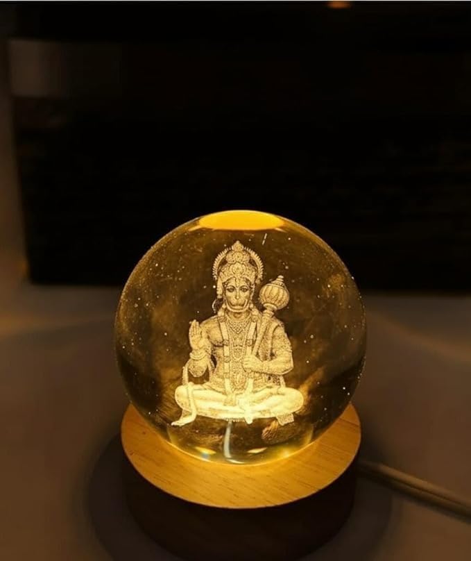 Image of 3D Hanuman Crystal Ball Night Lamp, Solar System Hanuman Crystal Ball Night Light, USB Table Colorful Led Wooden Crystel Ball for Home, Office, Birthday Gift (Hanuman).