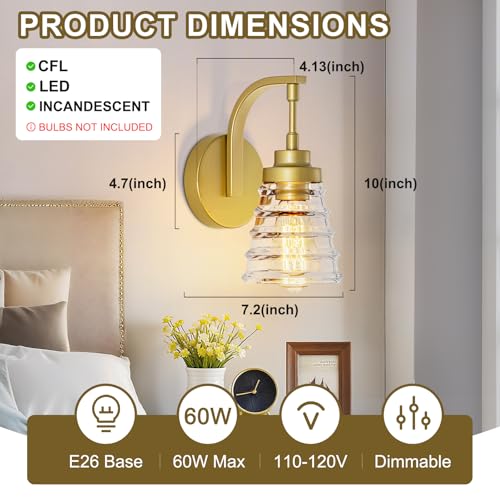 Image of Gold Bathroom Wall Sconce, Brass Wall Light Fixture with Glass Shade