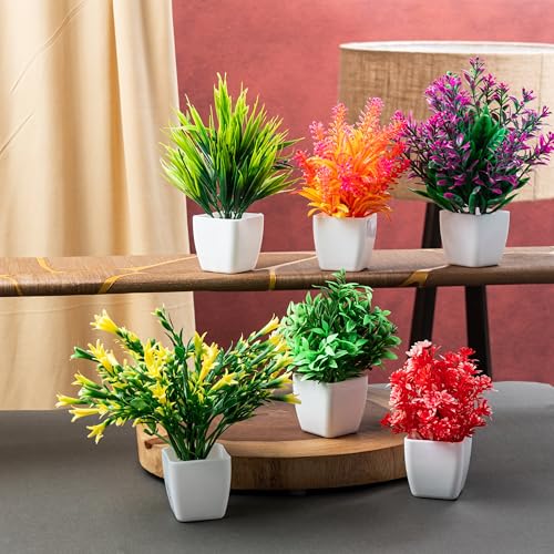 Image of JH Gallery Artificial Potted Plants for Home Decor - Realistic Faux Plant Pots for Home Decor, Living Room, Indoor, Office, Desk, Shelf, Table Decoration. (Pack of 6)