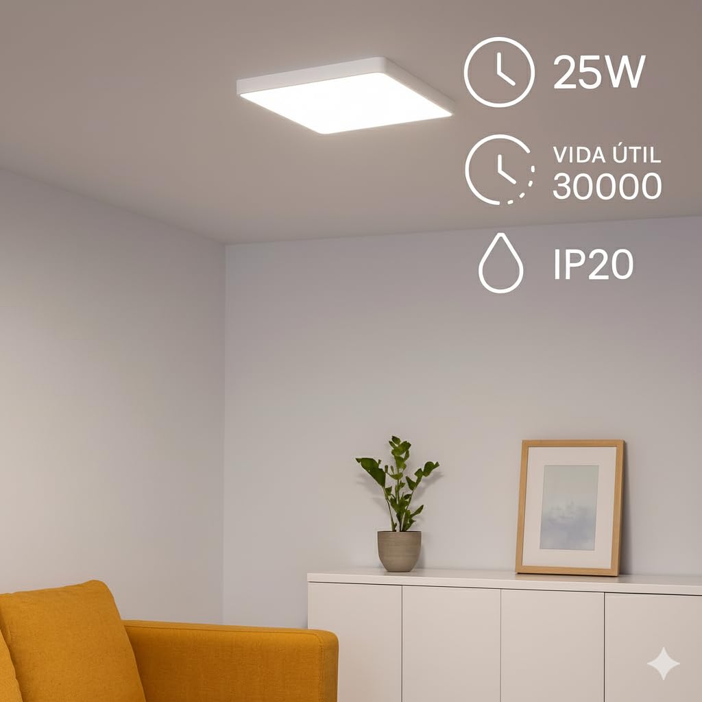 M Ledme - Panel de Superficie Serie Slim Cuadrado 25W, 2500lm, Luz Cálida (3000k). Lámpara de techo de interiores IP20. Ideal para Cocina, Dormitorio., Baño. Instalación sencilla, LM5258.