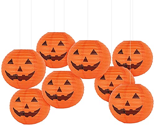 KESOTO 12 Inch Halloween Paper Pumpkin Lanterns Jack-O-Lanterns Hanging Halloween Decorations Outdoor Indoor Halloween Party Decorations, Pack of 8