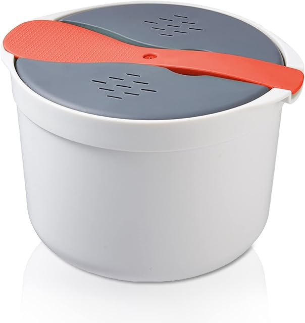 plplaaoo 2L Microwave Rice Cooker, 7.3 x 7.3 x 5.1in Microwave Cookware, Food Grade PP Microwave Rice Steamer Cooker with Lid and Strainer, Microwave Rice Maker, Easy To Use(Orange)