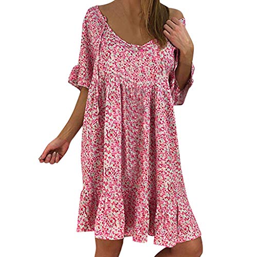 Aniywn Women Ladies Round Neck Ruffle Short Sleeve Print Chiffon Loose Dress Plus Size Boho Mini Dress Pink