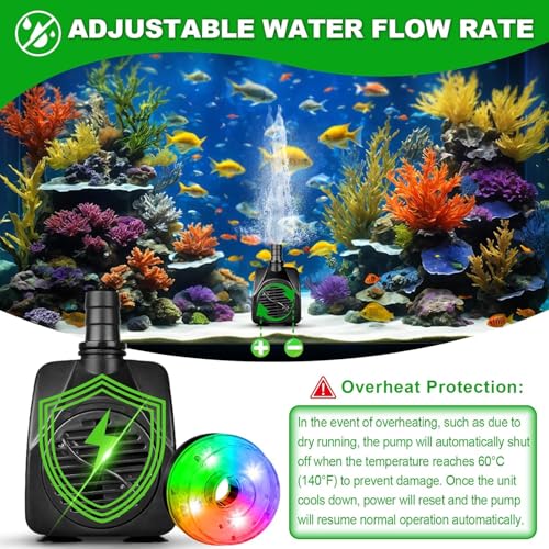 Image of 15W 800L /H Submersible Pond Fountain Pump with LED Lights, Adjustable Quiet Water Pump, Pond Fountain Pumps for Water Feature, Garden, Aquarium Fish Tank with 3 Type Nozzles