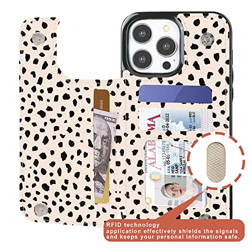 Image of uCOLOR Compatible with iPhone 13 Pro Wallet Case with Card Holder Slots Marble Flip Leather RFID Kickstand Phone Wallet Cover for Women and Girls 6.1 inch (Almond Latte Polka Dot, iPhone 13 Pro 6.1 inch)