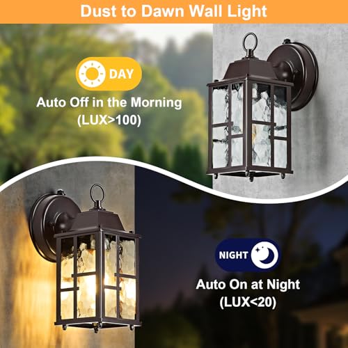 Image of 2-Pack Dusk to Dawn Outdoor Wall Lights, Weatherproof Exterior Lighting Fixture Wall Mount, Aluminum Ripple Glass Porch Light, Anti-Rust Outside Wall Sconce for House, Garage(Brown)