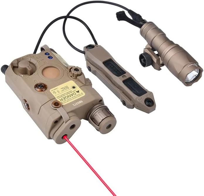Green/Red PEQ-15 Plastic Laser Dot IR Sight with M300A Flashlight & Dual Control Remote Pressure Button Switch，300 Lumen White LED Scout Torch Lights，Fits for Standard 20mm Rail System Mounting，Tan