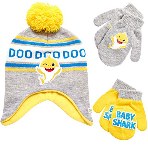 Image of Nickelodeon Boys' Baby Shark Winter Hat and 2 Pairs of Mitten Set (Toddler)