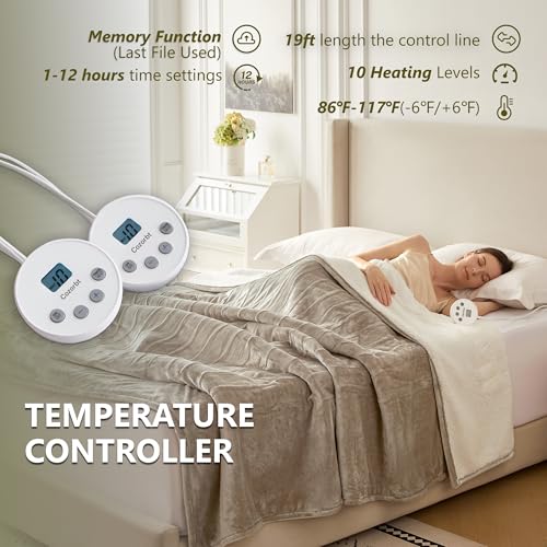 Heat Blanket 84”x90” Queen Size-Dual Control，Soft Flannel & Sherpa Electric Blanket with 10 Heat Settings,12 Timer Setting and 8 Hours Auto-Off,ETL Certified Machine Washable,Light Brown
