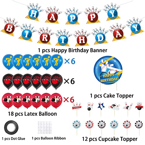 Bowling Theme Party Supplies Set Including Bowling Happy Birthday Banner, Bowling Cake & Cupcake Toppers, Bowling Balloons, Bowling Party Decorations For Kids Adults Teens #TOP2