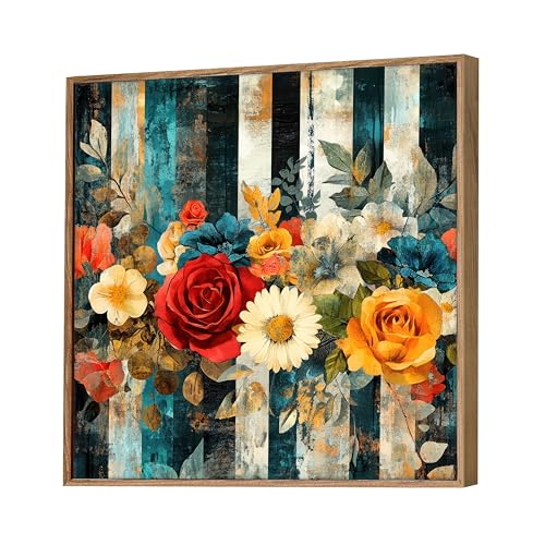Image of Vintage Floral Framed Canvas Wall Art Painting for Living Room | Colorful Rose & Daisy Artwork Painting with Frame | Modern Decorative Wall Decor for Home & Office, 23x23 Inch