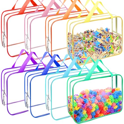 8 Packs 8 Colors Large Toy Storage Bags, Reusable Clear PVC Board Game Storage, Toy Organizers and Storage Bags with Zipper for Building Blocks, Puzzle and Handmade Accessories, Clear Toiletry Bag