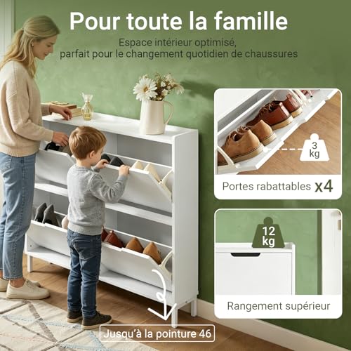 Meuble chaussures compact design moderne blanc à 4 compartiments inclinables