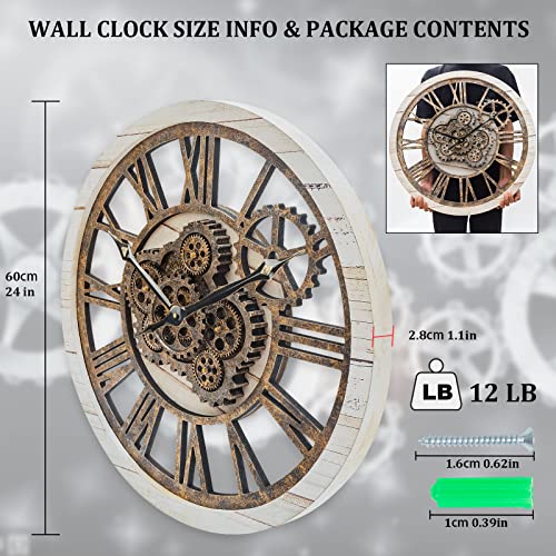 Hoibai Wall Clock, 24 Inch Moving Gears Clock Large Wall Clock For Living Room Decor Rustic Vintage Industrial Steampunk Farmhouse Big Clock For Home Kitchen Bedroom Office #TOP7