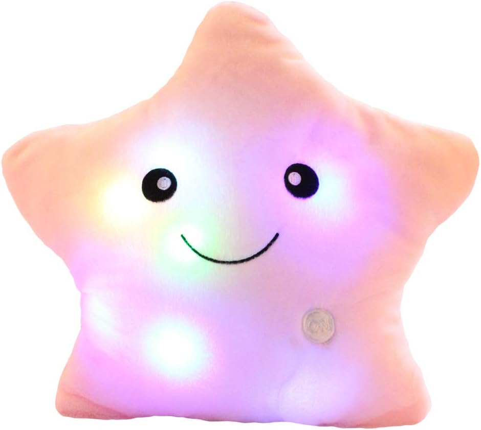 Creative Twinkle Star Shaped Plush Pillow, LED Night Light Glowing Cushions Stuffed Toys Gifts for Kids, Decoration (Pink)