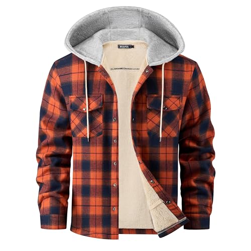 WULFUL Men's Flannel Plaid Shirts Jacket Fleece Lined Winter Shirts Soft Warm Coat with Hood for Men
