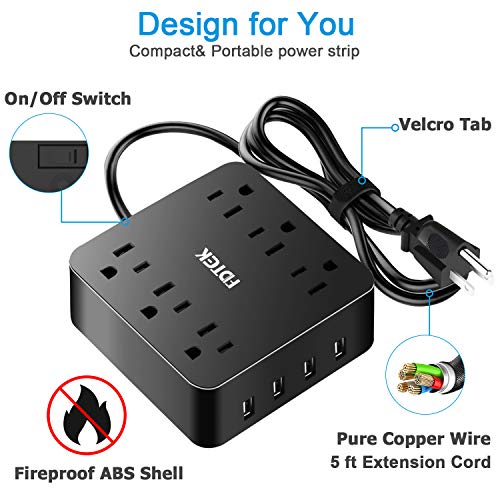 Power Strip with 4 USB Charging Ports and 6 AC Outlet, Desktop Charging Station with 4.6 ft Extension Cord, Circuit Breaker Safeguard Home&Office Accessories, Portable for Travel-Black