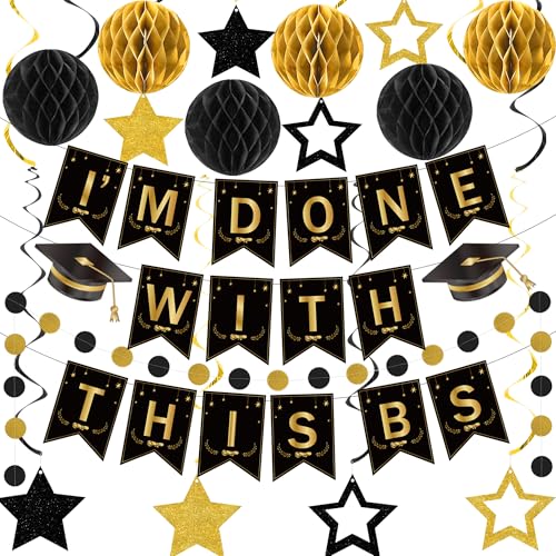 Black Gold 2026 Graduation Decorations -"I'm Done With This BS" Banner – Bachelor of Science 2026 Graduation Party Decorations with Hanging Honeycomb Ball Garland, for College Classroom Decor