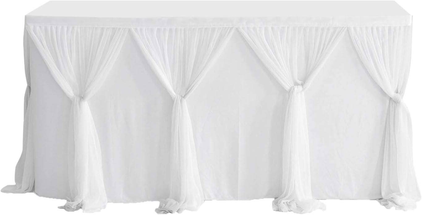 Suppromo White Tulle Table Skirts for Rectangle Tables 6ft for Wedding Birthday Party Bridal Shower White Tutu Ruffle Table Cloth for Dinner Cake Dessert Buffet Banquet Table Decorations