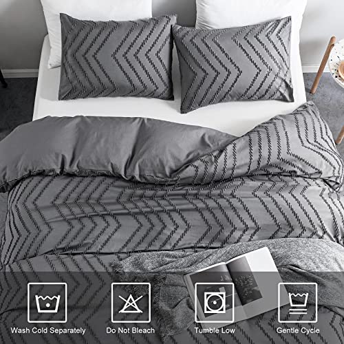 Warmdern Boho Duvet Cover Set, Tufted Bedding Duvet Covers Soft Washed Microfiber Duvet Cover Queen Size, 3 Pieces Embroidery Shabby Chic Duvet Cover With Zipper Closure(Grey, Queen) #TOP3