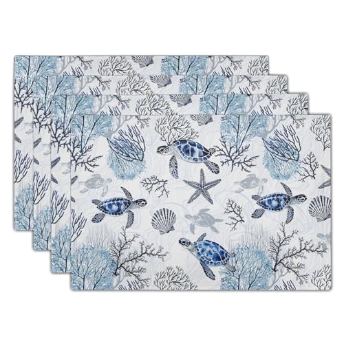 Giwawa Blue Sea Turtles Placemats Set of 4 Coastal Ocean Tortoise Coral Starfish Linen Place Mat 12"x18" Nautical Beach Themed Stain Resistant Table Mats for Kitchen Dining Season Party Decor