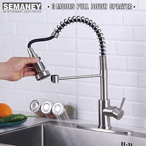 Semaney Kitchen Faucets, Brushed Nickel Stainless Steel Single Handle Sink Faucets With Pull Out Sprayer, Pull Down Kitchen Faucet With 10'' Deck Plate To Cover 1 Or 3 Holes #TOP2
