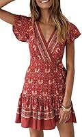 ZESICA Women’s Summer Wrap V Neck Bohemian Floral Print Ruffle Swing A Line Beach Mini Dress