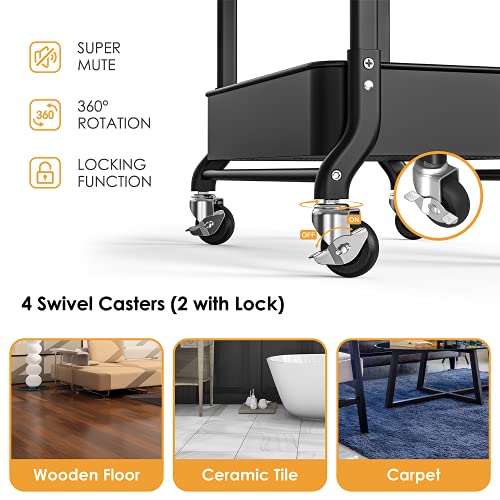 Dtk 3 Tier Foldable Metal Rolling Cart, Metal Trays Utility Cart With Handle And Wheels, 3 Hanging Cups And 6 Hooks Storage Organizer Cart, Collapsible Kitchen Cart For Bathroom Office Kitchen(Black) #TOP4