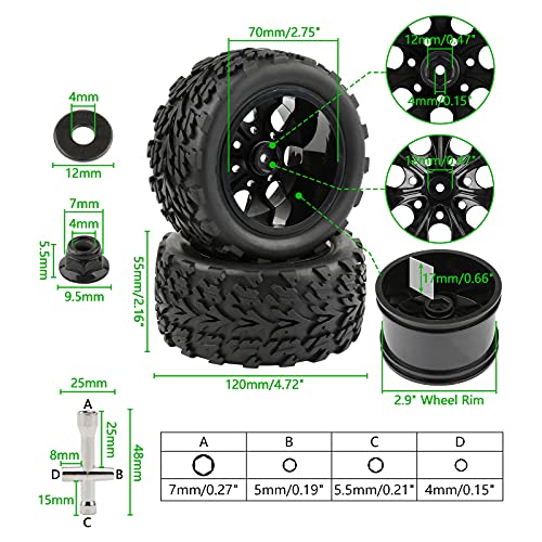Rowiz 4Pcs Off Road 12Mm Hex Rc Wheels And Tires With M4 Lock Nuts Washers Wrench For 1/10 Monster Truck Traxxas Stampede Rustler Hsp Exceed Rc Infinitive #TOP2