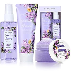 BODY & EARTH Body Mist Gift Set – Spa Gifts for Women, Perfume, Body Lotion, and Body Scrub in a Lavender Dreams Box- Perfect Birthday Gifts for Moms, and Special Occasions,Unique Gift Ideas for Her