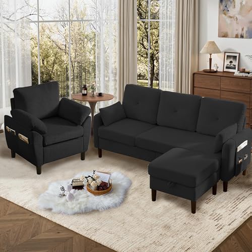 Image of 3 Pieces Sofa Set for Living Room with Sofa, Storage Ottoman and Single Chair