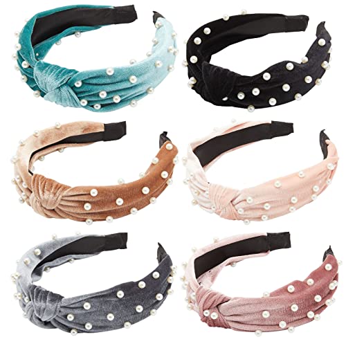 Velvet Knot Headbands with Pearls, Cute Hair Accessories for Women (6 Pack)