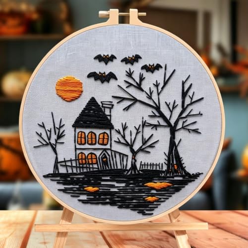 Image of Halloween Embroidery Kits for Beginners, DIY Embroidery Kits for Adults | Halloween Cross Stitch Kit for Beginners, Haunted House Pattern, Cotton Threads, Needles, Instruction, 20 cm Hoop