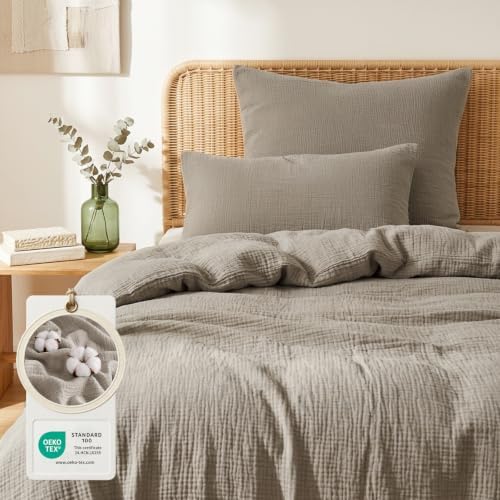Aisbo Musselin Bettwäsche 155x220 2teilig Taupe, 100% Baumwolle Oeko-TEX® | 1 Bettbezug 155x220 cm & 1 Kissenbezug 80x80 cm mit Reißverschluss, Weich, Atmungsaktiv, Leichte Sommerb