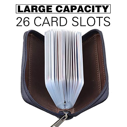 Image of Easyoulife Genuine Leather Credit Card Holder Zipper Wallet with 26 Card Slots (Dark Blue)