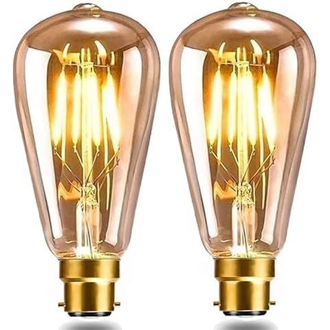 DECK INN Pack of 2 LED Vintage Bayonet Light Bulb in Antique Style ST64, BC B22 Light Bulb Bayonet Cap 4W=40W,220V 2700K 400LM Non Dimmable Warm White Amber Glass Energy Class A+ Cover