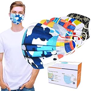 Sheal 100PCS Colorful Disposable Face Masks for Adult, 3Ply with Adjustable Earloop, Bright Geometric Patterns Design