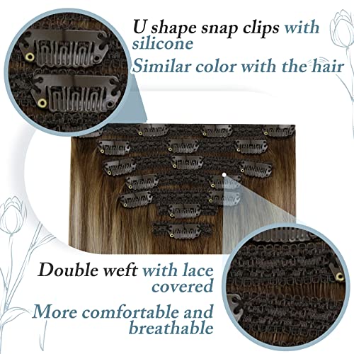 RUNATURE Hair Extensions Clip in 12 Inch Clip in Hair Extensions Real Human Hair Brown Ombre Blonde Full Head Straight Remy Hair 80 Gram 7PCS #3/8/22 - Image 4
