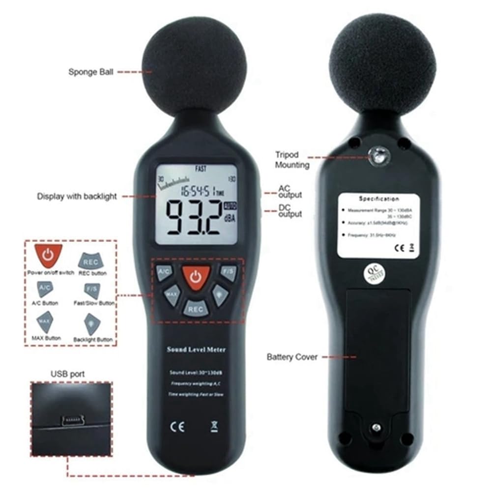 Aliaga Medidor de decibelios con sensor de ruido de alta precisión, medidor de ruido, grabadora de ruido de 30-130 dB de grabación USB