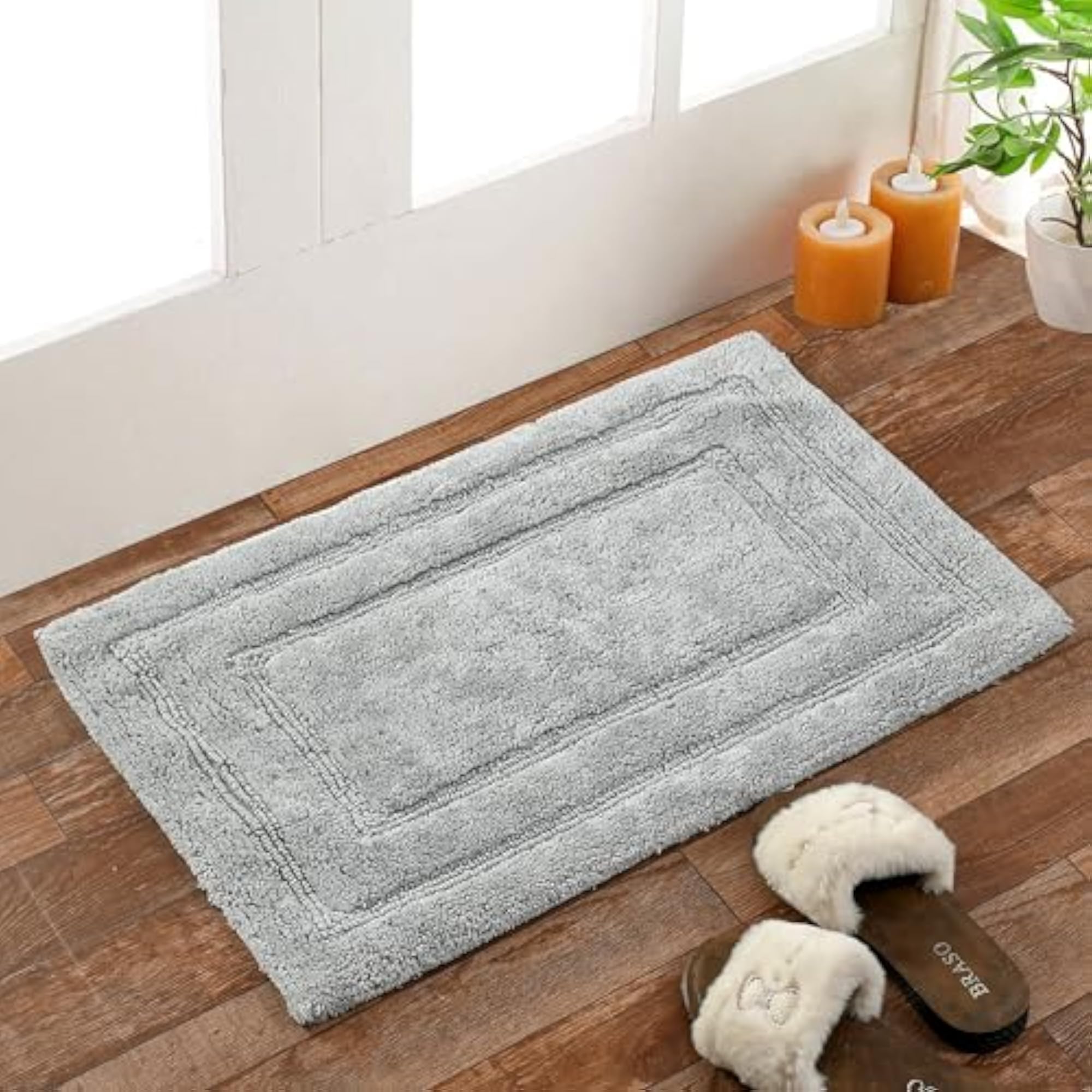 Cotton Bath Mat, Wave Pattern, Soft Textured, Anti-Skid, 50x80 cm (Silver)