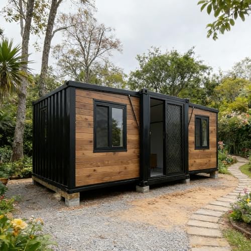 Casa prefabricada modular pequeña de 40 pies, casa contenedor plegable expandible con 3-4 dormitorios, 2 baños completos, sala de estar y cocina, diseño móvil portátil, marco de acero para centro