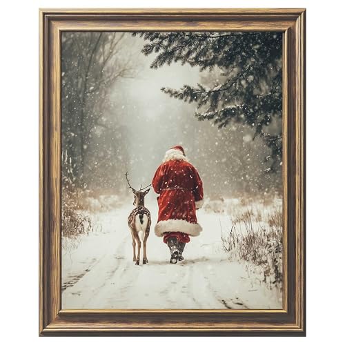 WCDHOR Vintage Santa Christmas Wall Art Print, Antique Winter Cottage Scene Decor, Rustic Santa and Reindeer Holiday Art for Mantel Entryway Kitchen Shelf, Cozy Christmas Gift for Home Decor Lovers